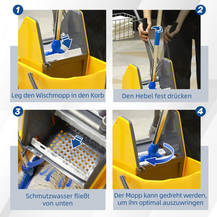 Cleaning Cart with Wringer, 25L Capacity, 4 Wheels, Yellow
