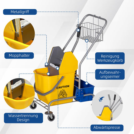 Cleaning Cart with Wringer, 25L Capacity, 4 Wheels, Yellow