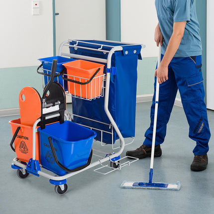 Cleaning trolley with 4 buckets and wheels, blue/orange
