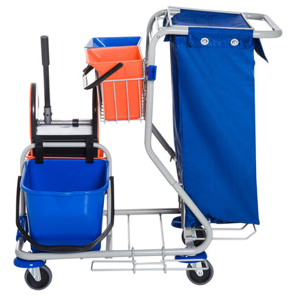 Cleaning trolley with 4 buckets and wheels, blue/orange