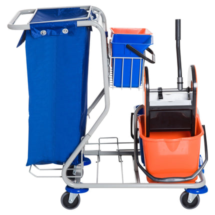 Cleaning trolley with 4 buckets and wheels, blue/orange