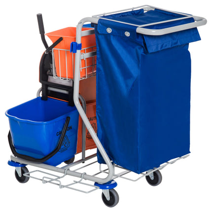Cleaning trolley with 4 buckets and wheels, blue/orange