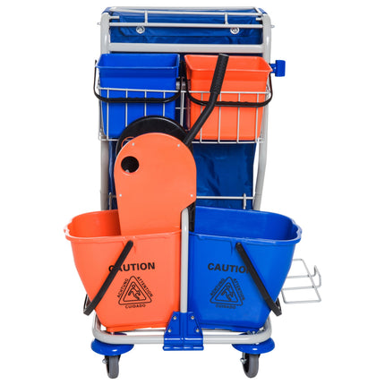 Cleaning trolley with 4 buckets and wheels, blue/orange