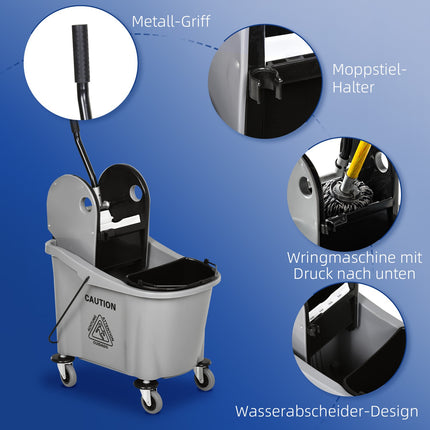 Mobile cleaning trolley with 36L bucket and twister, grey