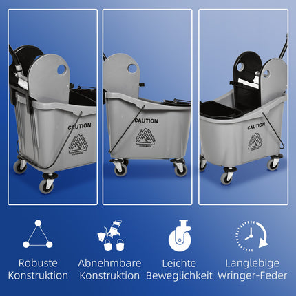 Mobile cleaning trolley with 36L bucket and twister, grey