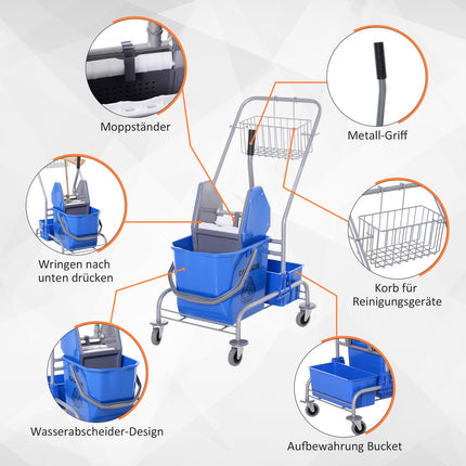 25L blue mobile cleaning cart with mop wringer