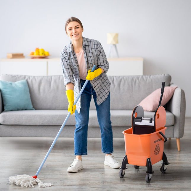 Wózek do sprzątania, wózek do sprzątania z wyciskarką, wiadro do sprzątania 26 litrów, wiadro mobilne, wózek do wycierania, wieszak na mop, wózek domowy z 4 kołami, pomarańczowy