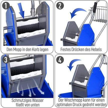 Cleaning trolley with press, 26L bucket + storage basket