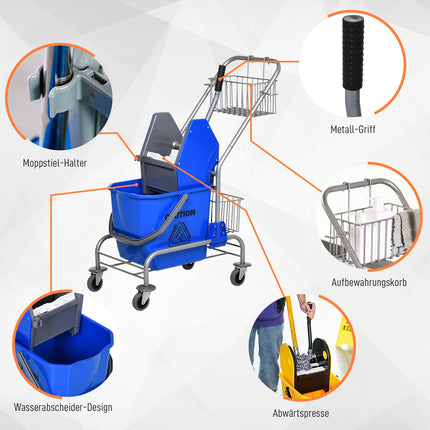 Cleaning trolley with press, 26L bucket + storage basket
