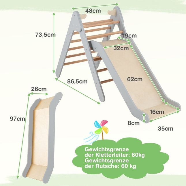 Climbing triangle with slide Climbing frame made of wood Triangle bars for sliding and climbing Gray