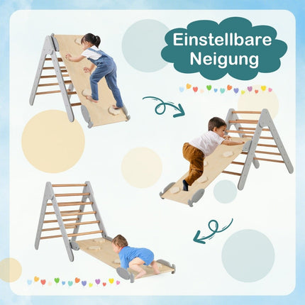 Climbing triangle with slide, climbing frame, indoor from 1 year, rung triangle climbing ramp made of wood, grey