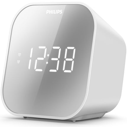 Clock radio with mirror-finish front. Digital FM receiver. USB output for mobile charging