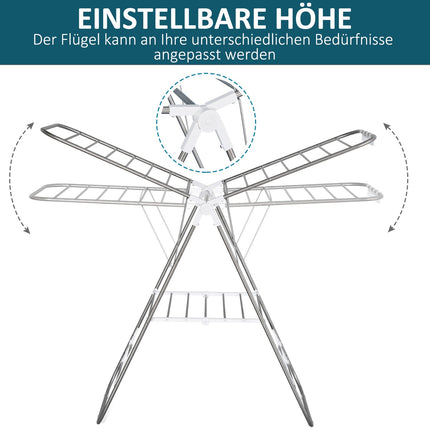 Foldable clothes airer with telescopic rods, silver/white