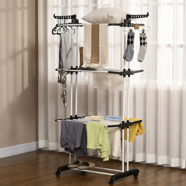 Retractable Black Tower Clothes Airer with wheels 4 levels
