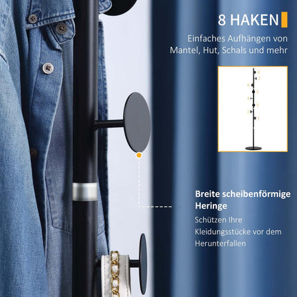 Steel coat rack - 8 hooks, black, 170 cm
