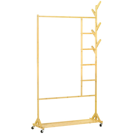 Bamboo clothes rack on wheels with shelf and hooks