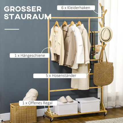 Bamboo clothes rack on wheels with shelf and hooks