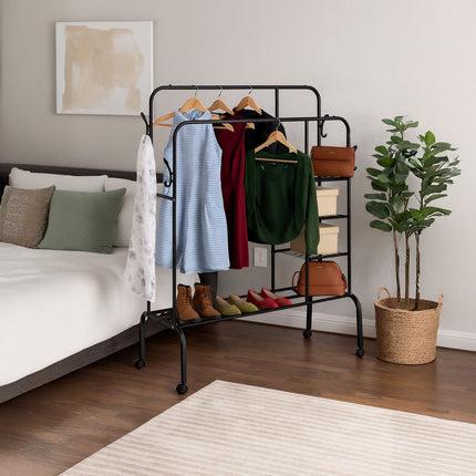 Clothes Rack on Wheels with Double Rails and Shelves