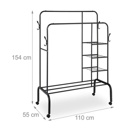 Clothes Rack on Wheels with Double Rails and Shelves