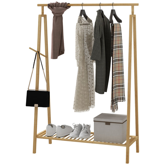 Bamboo clothes rack with hooks and shoe shelf, natural finish