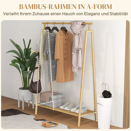 Bamboo clothes rack with hooks and shoe shelf, natural finish