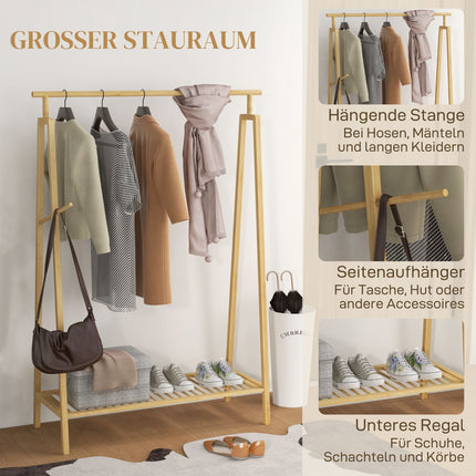Bamboo clothes rack with hooks and shoe shelf, natural finish