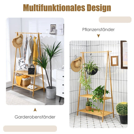 Clothes rack made of bamboo with 2 shelves. Space-saving coat rack, natural