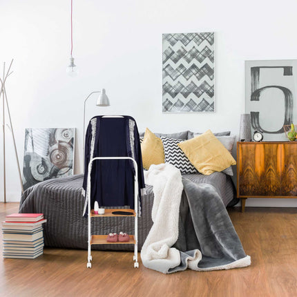 Clothes rack on wheels with 2 shelves