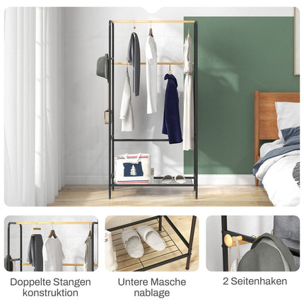 Clothes rack in black bamboo, 2 rails and hooks, hall in the bedroom