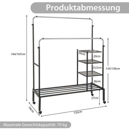 Clothes rack with 2 clothes rails, clothes rack on wheels, coat stand, height adjustable 135 x 54 x 170cm silver