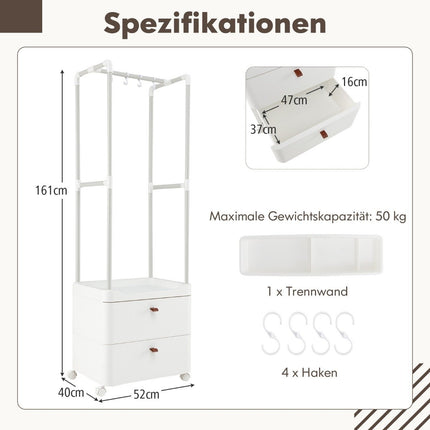 Clothes rack with 2 drawers coat rack with lockable wheels 52 x 40 x 161 cm white