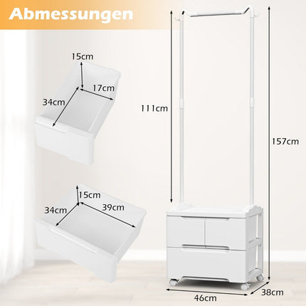 Clothes rack with 3 drawers Rolling coat rack with side hooks 46 x 38 x 157 cm
