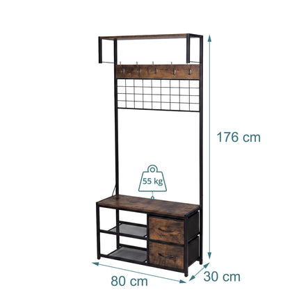 Coat Rack & Bench with Storage, Brown, MDF & Iron