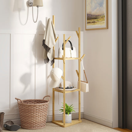 Bamboo clothes hanger with 8 hooks - adjustable entrance rack