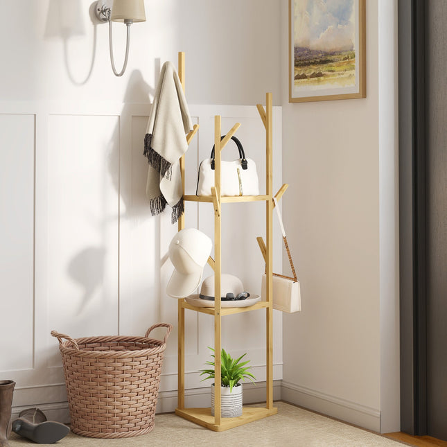 Bamboo clothes hanger with 8 hooks - adjustable entrance rack