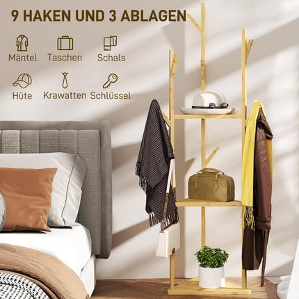 Bamboo clothes hanger with 8 hooks - adjustable entrance rack