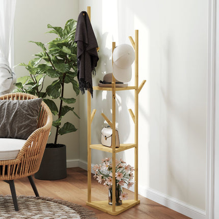 Bamboo clothes hanger with 8 hooks - adjustable entrance rack