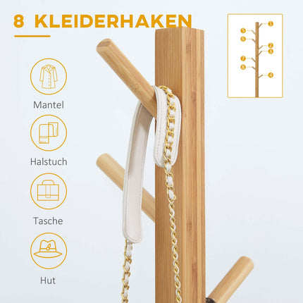 Bamboo coat hanger with 8 hooks, natural finish, 49.5x178 cm