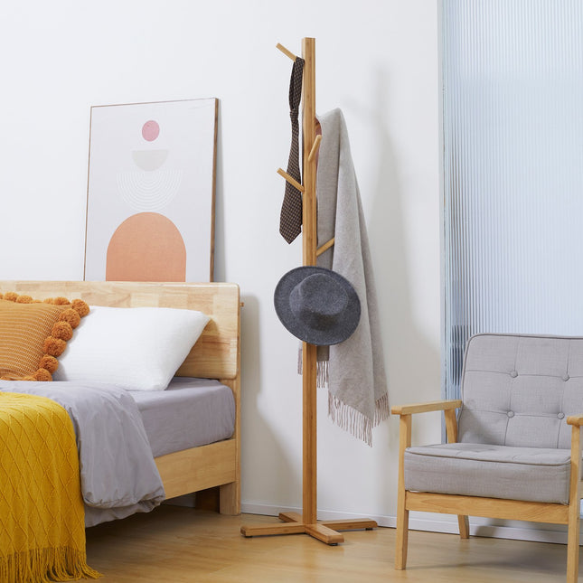 Bamboo coat hanger with 8 hooks, natural finish, 49.5x178 cm