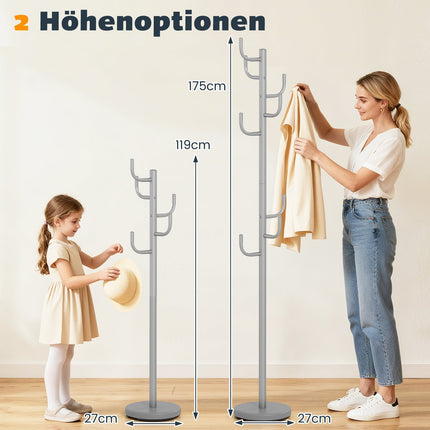 Coat Rack Stand, 175 cm, 8 Hooks, Adjustable Height, Silver