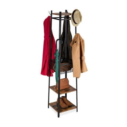 Coat Rack Stand with 8 Hooks, 3 Shelves, Basket
