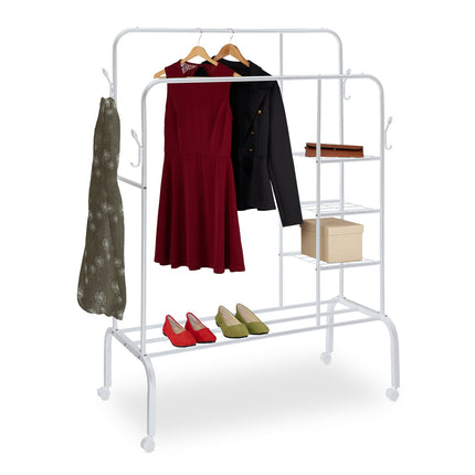 Coat Rack on Wheels with Double Rails and Shelves