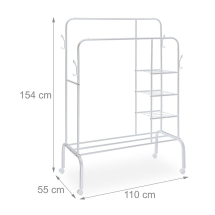 Coat Rack on Wheels with Double Rails and Shelves