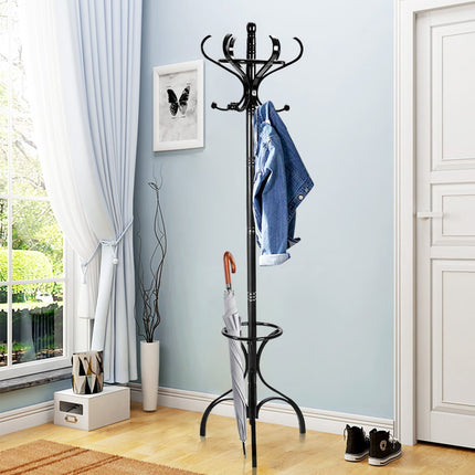 Coat Rack with 12 Hooks and Umbrella Stand, Birch Wood