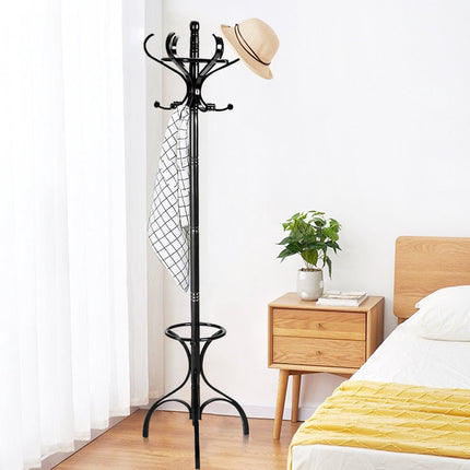 Coat Rack with 12 Hooks and Umbrella Stand, Birch Wood
