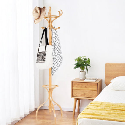 Coat Rack with 12 Hooks and Umbrella Stand, Birch Wood