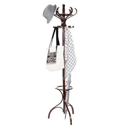 Coat Rack with 12 Hooks and Umbrella Stand, Birch Wood