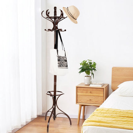 Coat Rack with 12 Hooks and Umbrella Stand, Birch Wood