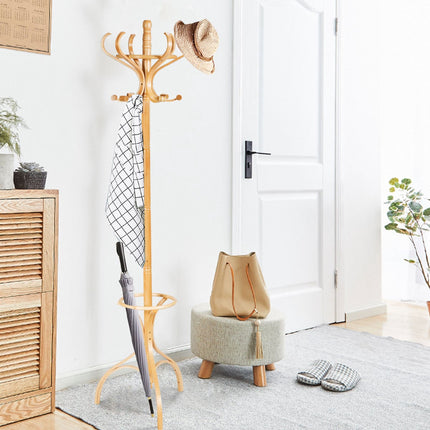 Coat Rack with 12 Hooks and Umbrella Stand, Birch Wood