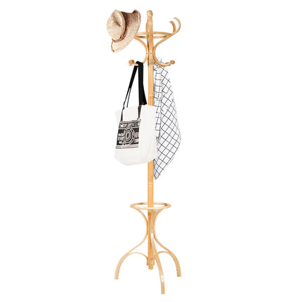 Coat Rack with 12 Hooks and Umbrella Stand, Birch Wood